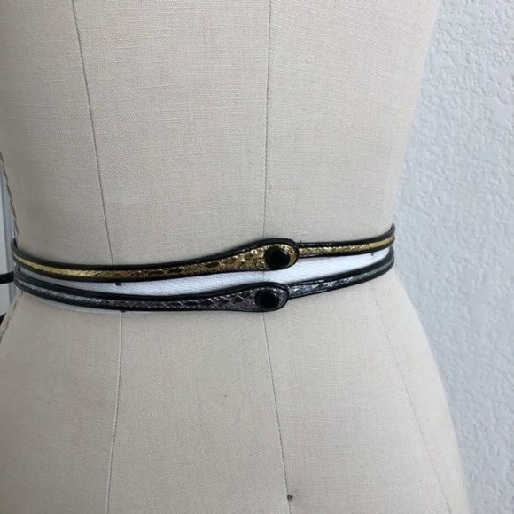 PRADA Gold Patent Leather Button Tab Switch Back Skinny Belt - Picture 5 of 10